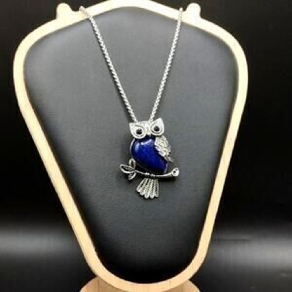 Silver Blue Dye Agate Owl Necklace Women's Boho Vtg Fashion Bird Jewelry Gift
